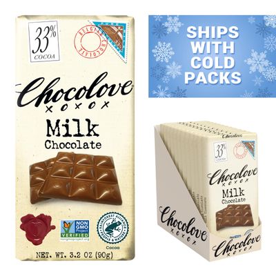 Chocolove Creamy Milk Chocolate Bars | 33% Cocoa | Crafted with Silky Belgian Chocolate | Non-GMO, &amp; Gluten-Free, 3.2 oz Bar (12 Pack)