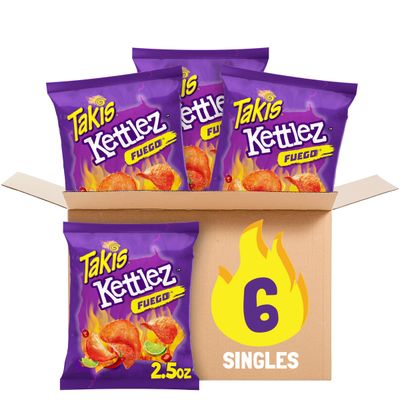 Takis Fuego Kettlez 6 pc / 2.5 oz Snack Size Case, Hot Chili Pepper &amp; Lime Flavored Extreme Spicy Kettle-Cooked Potato Chips