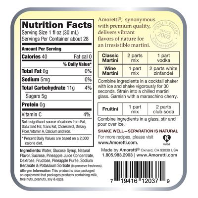 Amoretti Premium Martini Cocktail Mix, Pineapple, 28 Ounce