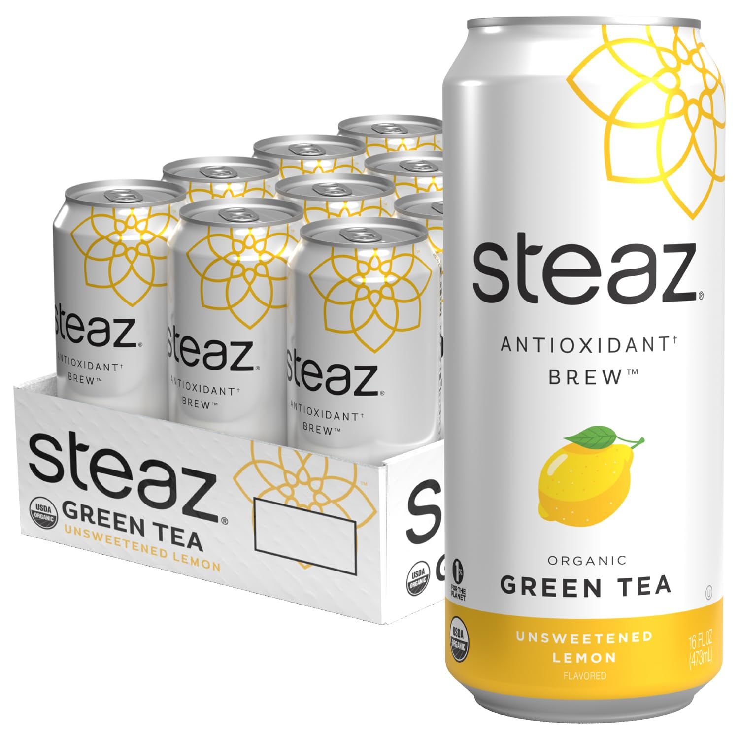Steaz - Organic Green Tea - Unsweetened Lemon (12 Pack) - Antioxidant Brew - 65mg Natural Caffeine, Zero Sugar, 0 Calories, Vitamin C - Unsweetened Iced Tea - Vegan - 12 Cans, 16 fl oz (473mL)