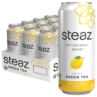 Steaz - Organic Green Tea - Unsweetened Lemon (12 Pack) - Antioxidant Brew - 65mg Natural Caffeine, Zero Sugar, 0 Calories, Vitamin C - Unsweetened Iced Tea - Vegan - 12 Cans, 16 fl oz (473mL)