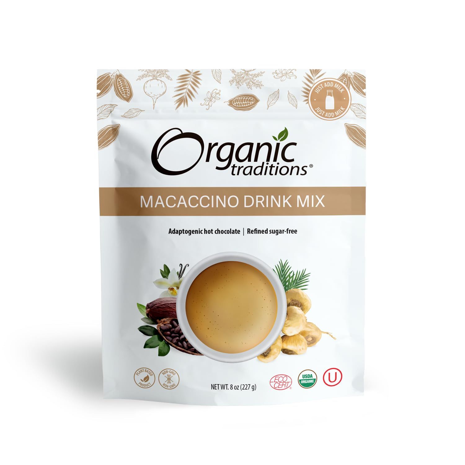 Organic Traditions Superfood Macaccino Drink Mix with Maca Root &amp; Cacao Powder Blend Superfood Caffeine Free Dairy Free Drink Mix Hot or Iced Healthy Hot Chocolate, 8oz (227g) Bag, 28 servings per bag