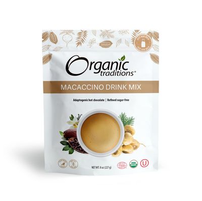 Organic Traditions Superfood Macaccino Drink Mix with Maca Root &amp; Cacao Powder Blend Superfood Caffeine Free Dairy Free Drink Mix Hot or Iced Healthy Hot Chocolate, 8oz (227g) Bag, 28 servings per bag