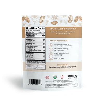 Organic Traditions Superfood Macaccino Drink Mix with Maca Root &amp; Cacao Powder Blend Superfood Caffeine Free Dairy Free Drink Mix Hot or Iced Healthy Hot Chocolate, 8oz (227g) Bag, 28 servings per bag