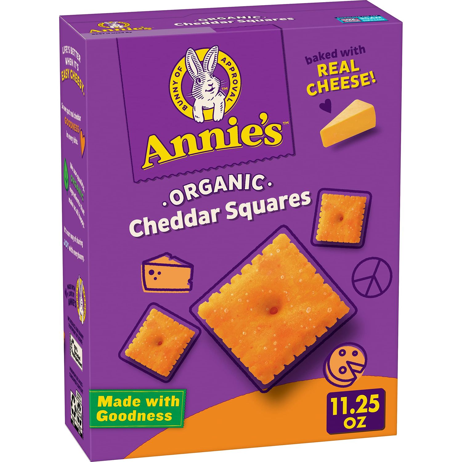 Annie&#39;s Organic Original Cheddar Squares Baked Snack Crackers, Made with Real Cheese, 11.25 oz