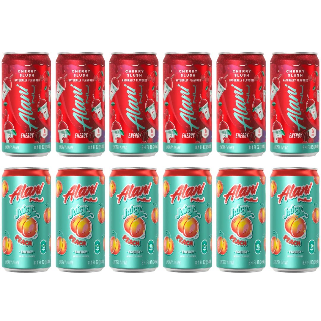 Generic Alani Energy Drink Mini Cans, Juicy Peach &amp; Cherry Slush, 8.4 Fl Oz Cans (12 Pack)