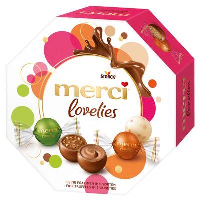Merci Lovelies Classic 185g - GIFT BOX with 14 individually wrapped Chocolates - Nougat Crunch - White Almond - Pralin - Nut &amp; Almond - Pralin in dark chocolate / Germany