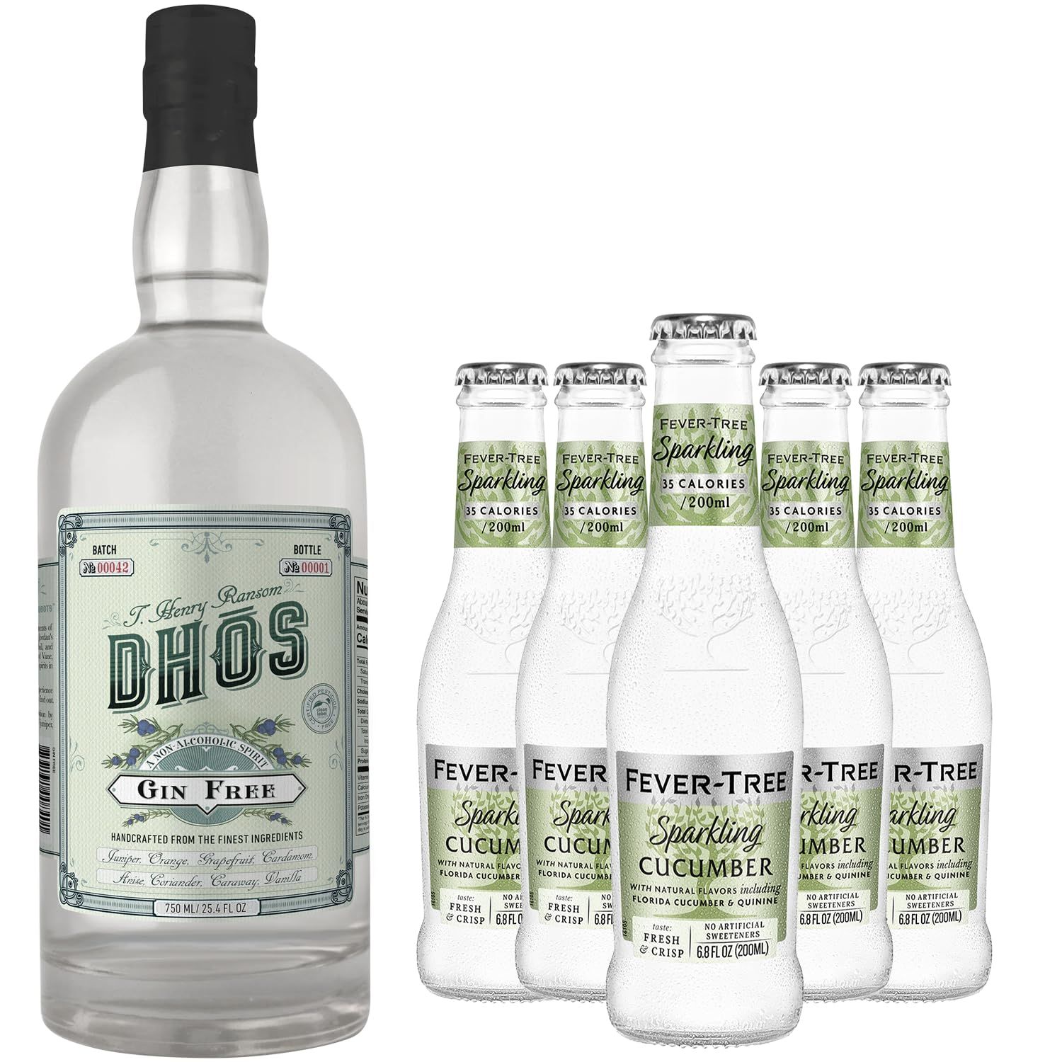 Dhos Handcrafted Non-Alcoholic Gin w 5 Pack Fever Tree Sparkling Cucumber - Keto-Friendly, Zero Sugar, Zero Calories, Zero Proof - 750 ML - Perfect for Mocktails - Made in USA