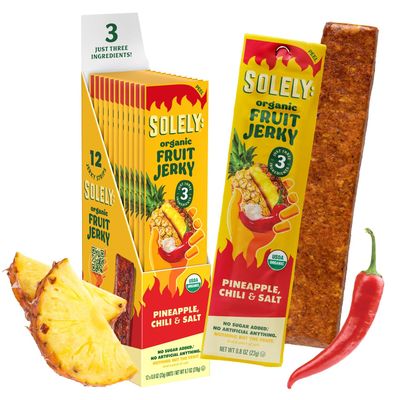 SOLELY - Organic Spicy Pineapple Chili and Salt Fruit Jerky - 12 Individually Wrapped Fruit Strips - Fruit Leather Made from Dried Fruit - Healthy Snacks for Adults &amp; Kids - Vegan Snacks - 0.8oz (23g)