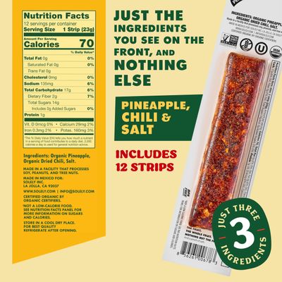 SOLELY - Organic Spicy Pineapple Chili and Salt Fruit Jerky - 12 Individually Wrapped Fruit Strips - Fruit Leather Made from Dried Fruit - Healthy Snacks for Adults & Kids - Vegan Snacks - 0.8oz (23g)