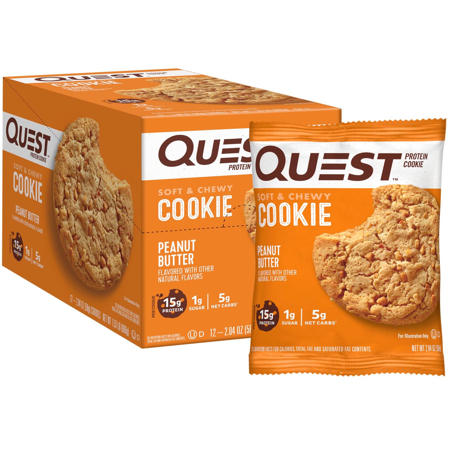 Quest Nutrition Peanut Butter Protein Cookie, 1g Sugar, 15g Protein, 5g Net Carbs, 12 Count