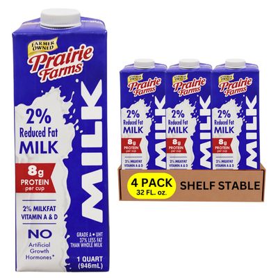 Prairie Farms - Shelf Stable Milk 2% Percent, Reduced Fat, Boxed UHT Ultra Pasteurized Milk, Vitamin D White Milk - Preservative and Hormone Free, Gluten Free, Kosher, Made in USA (1 Quart - 4 Pack)