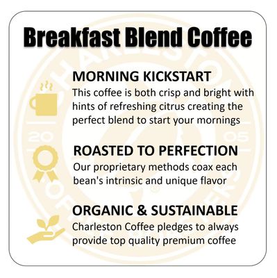 Charleston Coffee Roasters | Specialty Organic Ground Coffee | Hand Picked, Premium Slow Roast (Breakfast Blend, Medium Roast) 28oz