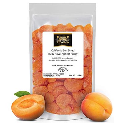 Traina Home Grown California Sun Dried Ruby Royal Apricot Halves - SEASONAL/LIMITED - Healthy, No Sugar Added, Non GMO, Gluten Free, Kosher Certified, Vegan, Packed in Resealable Pouch (2 lbs)