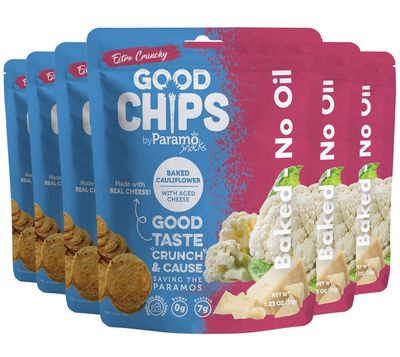 Baked Cauliflower Chips with Aged Cheese by GOOD CHIPS. Good Source of Protein. Oil Free, Vegetarian. All Natural Ingredients: Cauliflower and REAL Aged Cheese. 1.23 oz Bags, Pack of 6