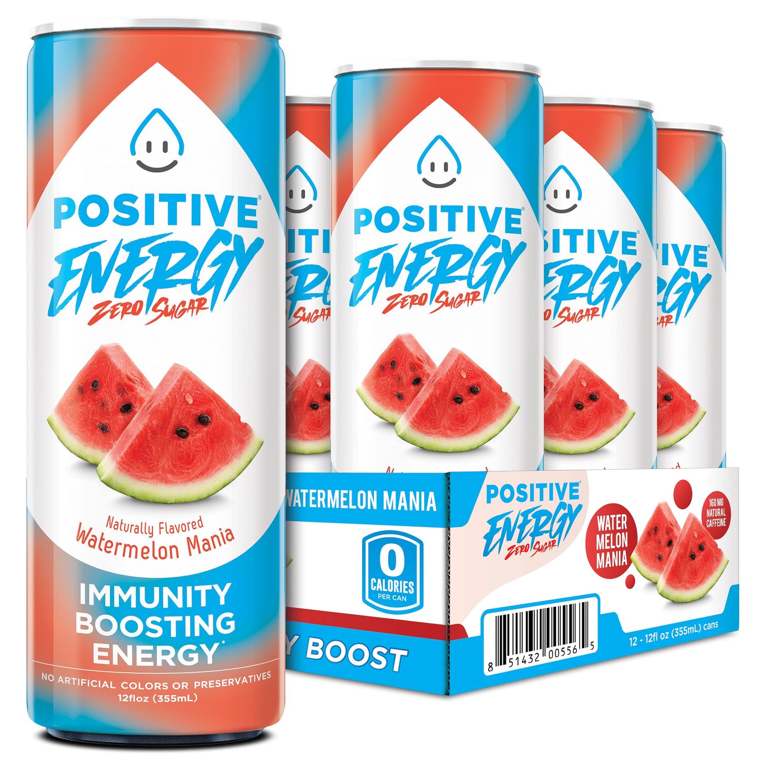 Positive Energy Beverage | Watermelon Mania | 12-oz Can, Pack of 12 | Zero Sugar Energy Drink, Supports Immunity and Hydration