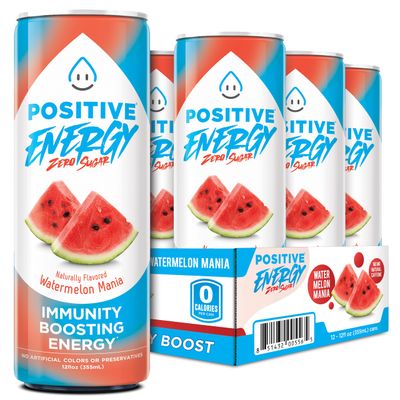 Positive Energy Beverage | Watermelon Mania | 12-oz Can, Pack of 12 | Zero Sugar Energy Drink, Supports Immunity and Hydration