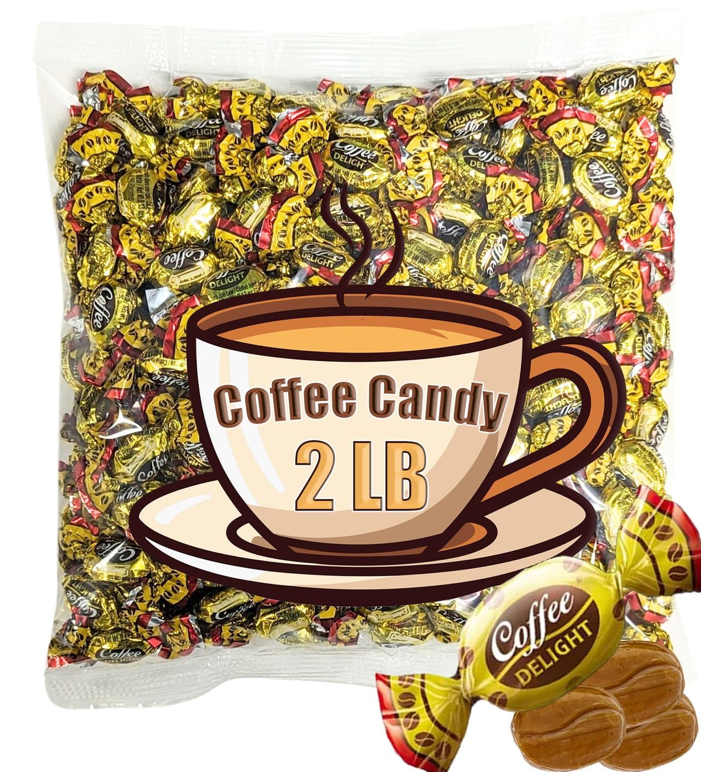 Coffee Candy Bulk - 2 LB Coffee Delight Hard Candy (210 pcs) Coffee Snacks Made with Real Colombian Coffee - Coffee Hard Candy Bulk Individually Wrapped - Coffee Gifts for Coffee Lovers - QUEEN JAX