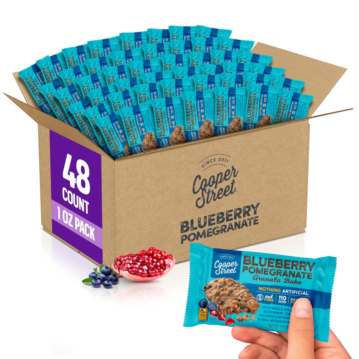 Cooper Street Granola Cookie Bake - Chewy Granola Bars with Chia, Flax, Buckwheat and Oats in Delicious Blueberry Pomegranate Flavor | Individually Wrapped Healthy Breakfast Bars | 1 oz | 48 Pack
