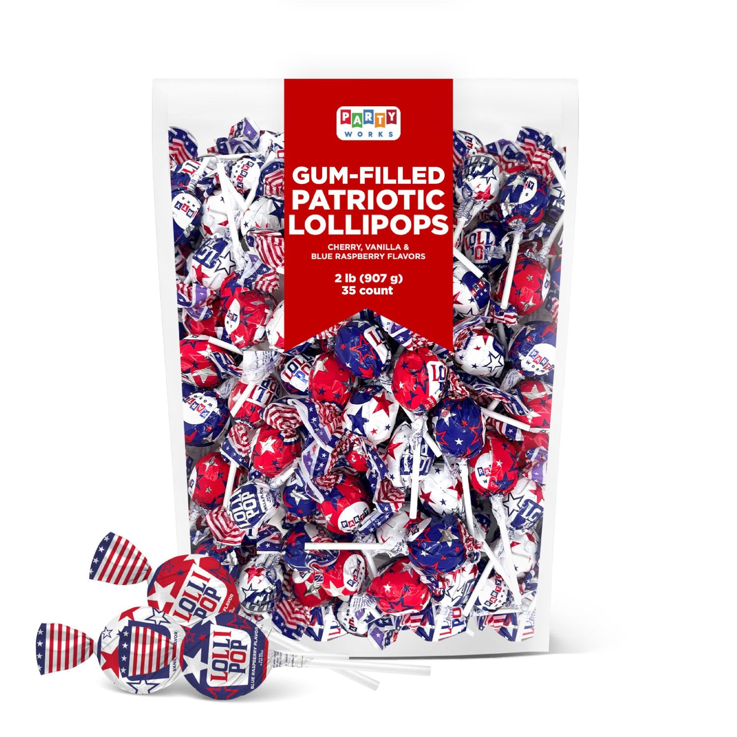 PartyWorks Patriotic Candy Lollipops, Election Day, July 4th Suckers - 2-Pound Pack (35 Pieces) - Blue Raspberry, Cherry, Vanilla Flavors - Gum-Filled Pops