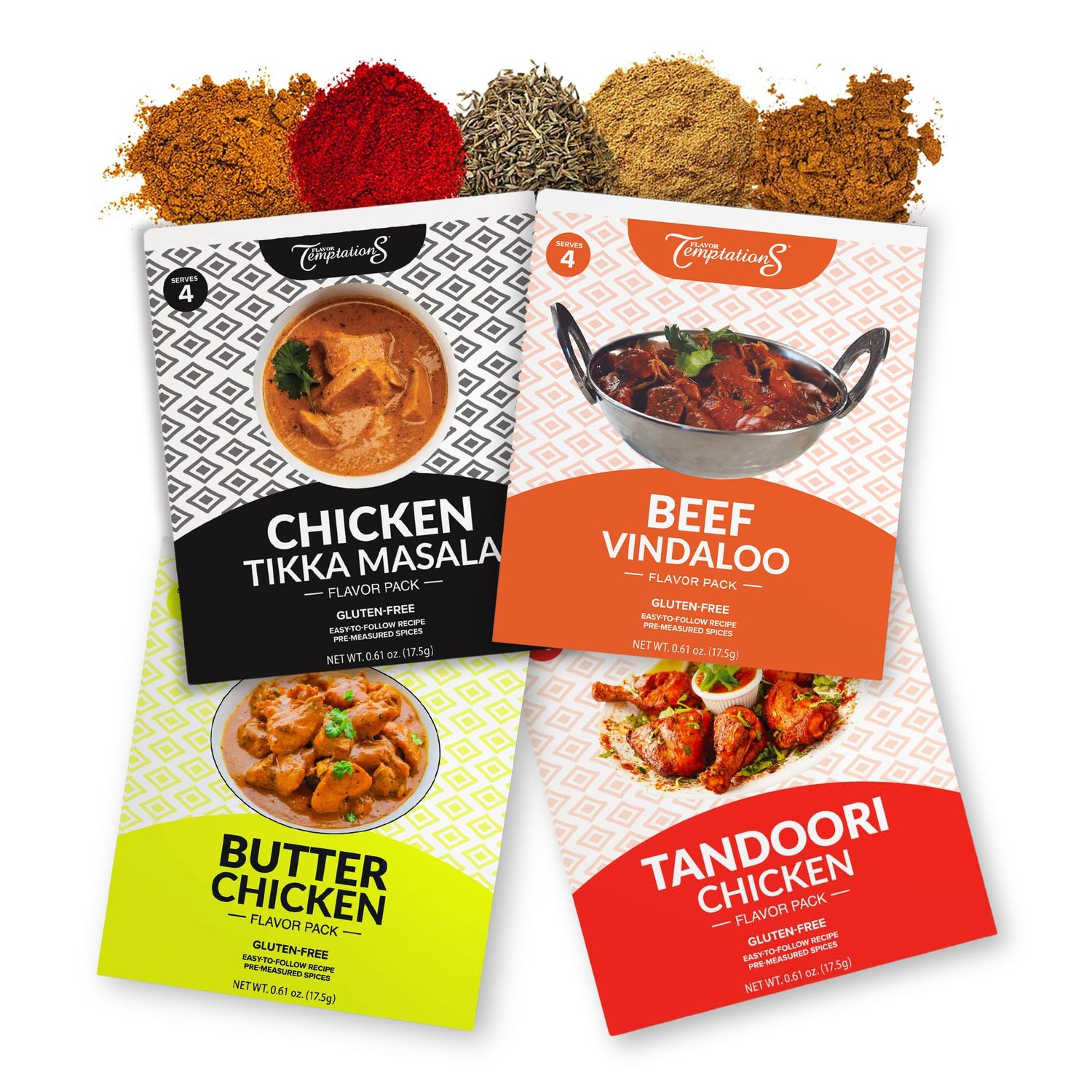 CHICKEN TIKKA MASALA, BUTTER CHICKEN, TANDOORI CHICKEN, BEEF VINDALOO INDIAN FOOD SPICES Beginner Seasoning Set by Flavor Temptations. Gluten free, Salt free. 4 Packs (Total 16 Servings)