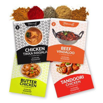 CHICKEN TIKKA MASALA, BUTTER CHICKEN, TANDOORI CHICKEN, BEEF VINDALOO INDIAN FOOD SPICES Beginner Seasoning Set by Flavor Temptations. Gluten free, Salt free. 4 Packs (Total 16 Servings)