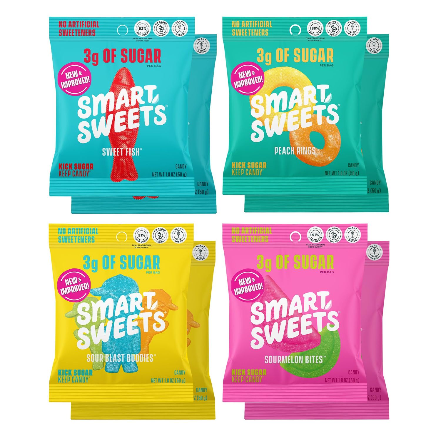 SmartSweets Variety Pack, 1.8oz (Pack of 8), Candy With Low Sugar &amp; Calorie, Healthy Snacks For Kids &amp; Adults - Sweet Fish, Sourmelon Bites, Peach Rings, Sour Blast Buddies