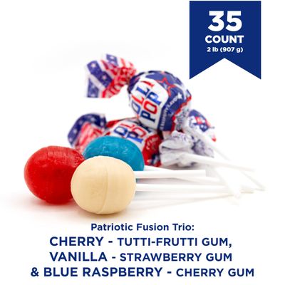 PartyWorks Patriotic Candy Lollipops, Election Day, July 4th Suckers - 2-Pound Pack (35 Pieces) - Blue Raspberry, Cherry, Vanilla Flavors - Gum-Filled Pops