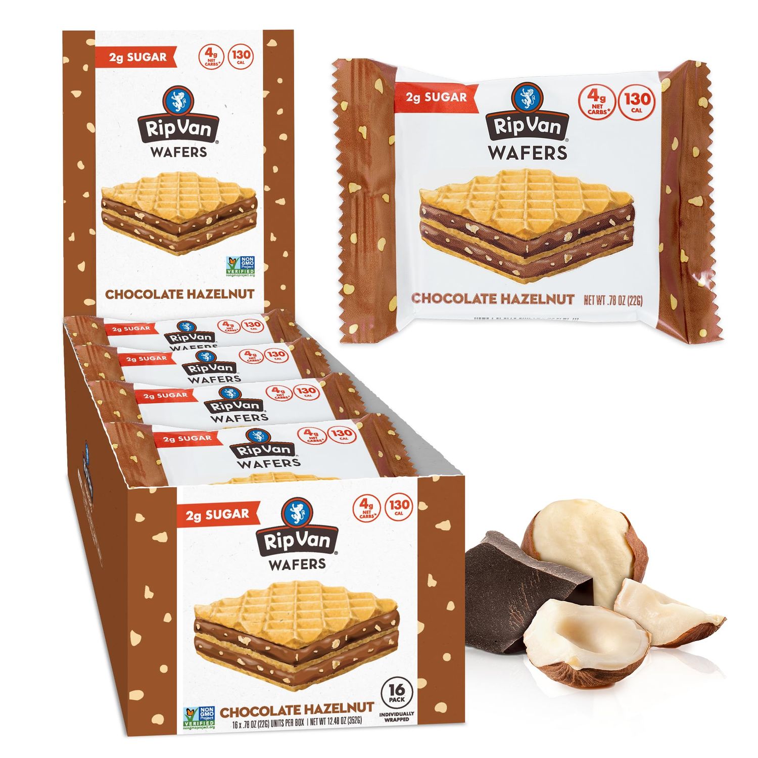 Rip Van Chocolate Hazelnut Wafer Cookies, Keto, Non-GMO, Healthy Snacks, Low Carb &amp; Low Sugar (2g), Low Calorie, Vegan, 16 Count
