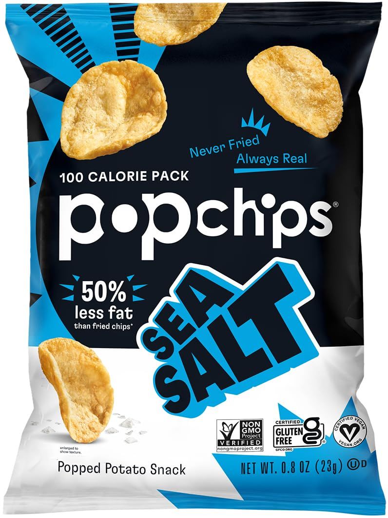 Popchips Potato Chips, Sea Salt, 12ct Single Serve 0.8oz Bags, Low-Calorie and Gluten Free, Salty Snacks for Adults and Children, Non-GMO, Vegan &amp; Kosher Friendly, 100 Calories Per Bag