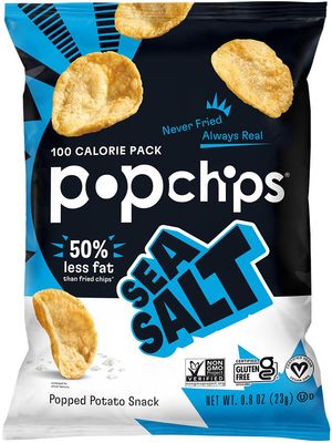Popchips Potato Chips, Sea Salt, 12ct Single Serve 0.8oz Bags, Low-Calorie and Gluten Free, Salty Snacks for Adults and Children, Non-GMO, Vegan &amp; Kosher Friendly, 100 Calories Per Bag