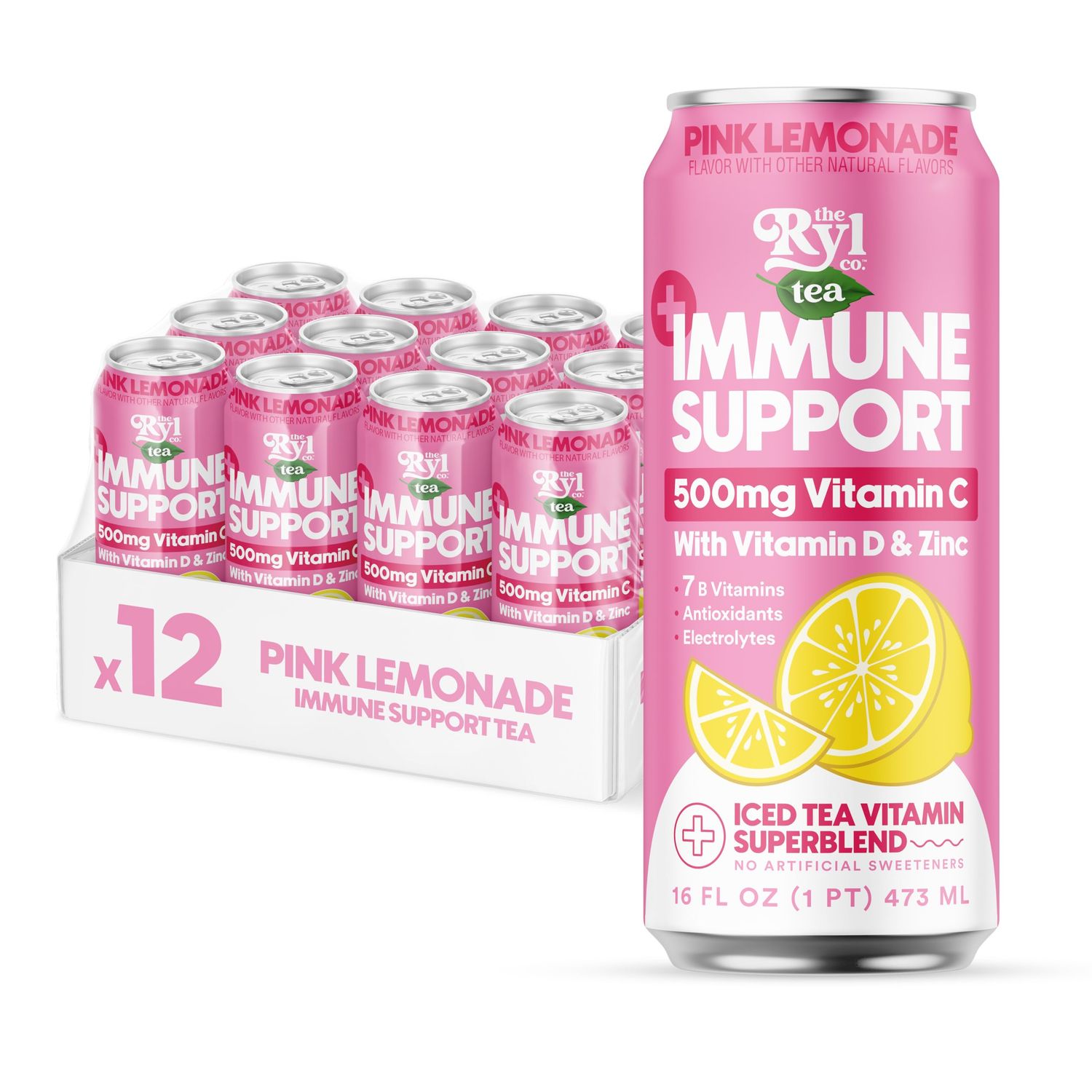 Ryl Immune Support Iced Tea, Pink Lemonade, 500mg Vitamin C with Vitamin D &amp; Zinc, Zero Sugar, Zero Calories, 16.0 Fl Oz (12-Pack)