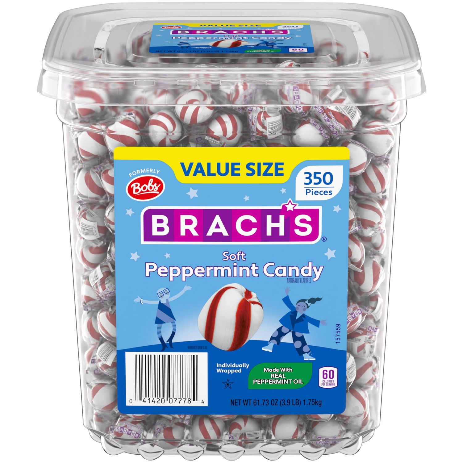 Brach&#39;s Bobs Sweet Stripes Soft Peppermint Candy, Individually Wrapped Pieces, 3.9 lb Tub (350 Count)