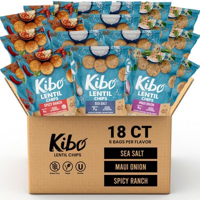 Kibo Lentil Chips Variety Pack - Gluten-Free Vegan Chips - Non-GMO Verified - Plant-Based 28 grams - Maui Onion, Sea Salt, and Spicy Ranch - 18 Pack