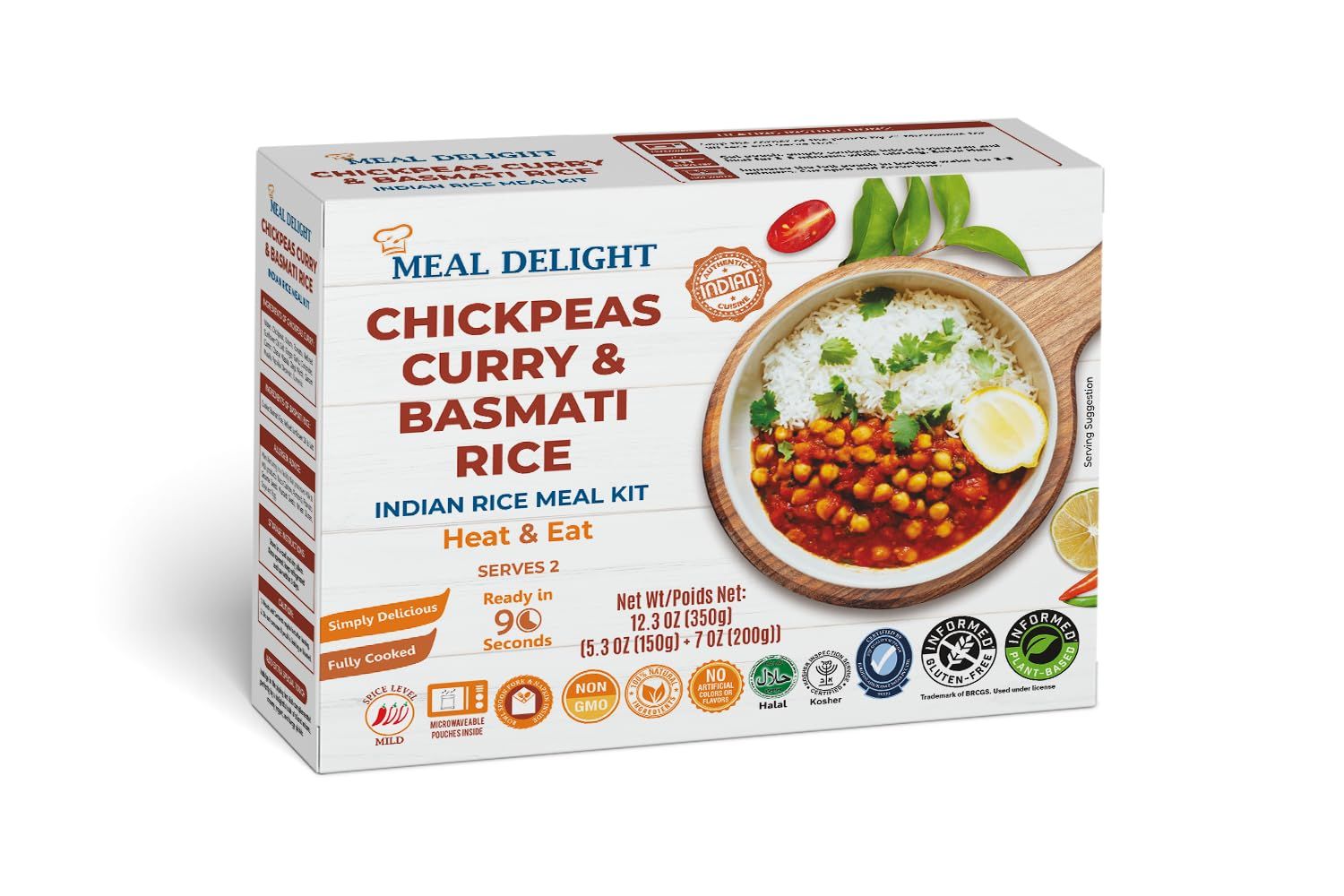 Meal Delight Chickpea Curry &amp; Basmati Rice - Indian Cuisine Ready to Eat Meals Pack of 6, 12.3oz-Microwavable No Preservatives, Heat and Eat Meal Kit Ready in 90 Seconds