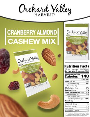 Orchard Valley Harvest Cranberry Almond Cashew Trail Mix, 1 Ounce Bags (Pack of 15), Cranberries, Almonds, and Cashews, Non-GMO, No Artificial Ingredients