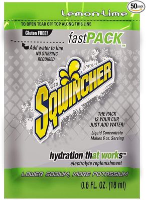 Sqwincher 015308-LL .6 Ounce Fast Pack Liquid Concentrate Packet Lemon Lime Electrolyte Drink - Yields 6 Ounces (50 Single Serving Packets Per Box)