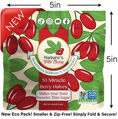 NEW 50 FLAVOR CHANGING BERRY HALVES | New Eco-Friendly Smart Pack | Miracle Berry by Natures Wild Berry | Freeze Dried in USA | As Seen On TV & Tiktok | Turn Sour Sweet | Flavor Changing Magic Berries