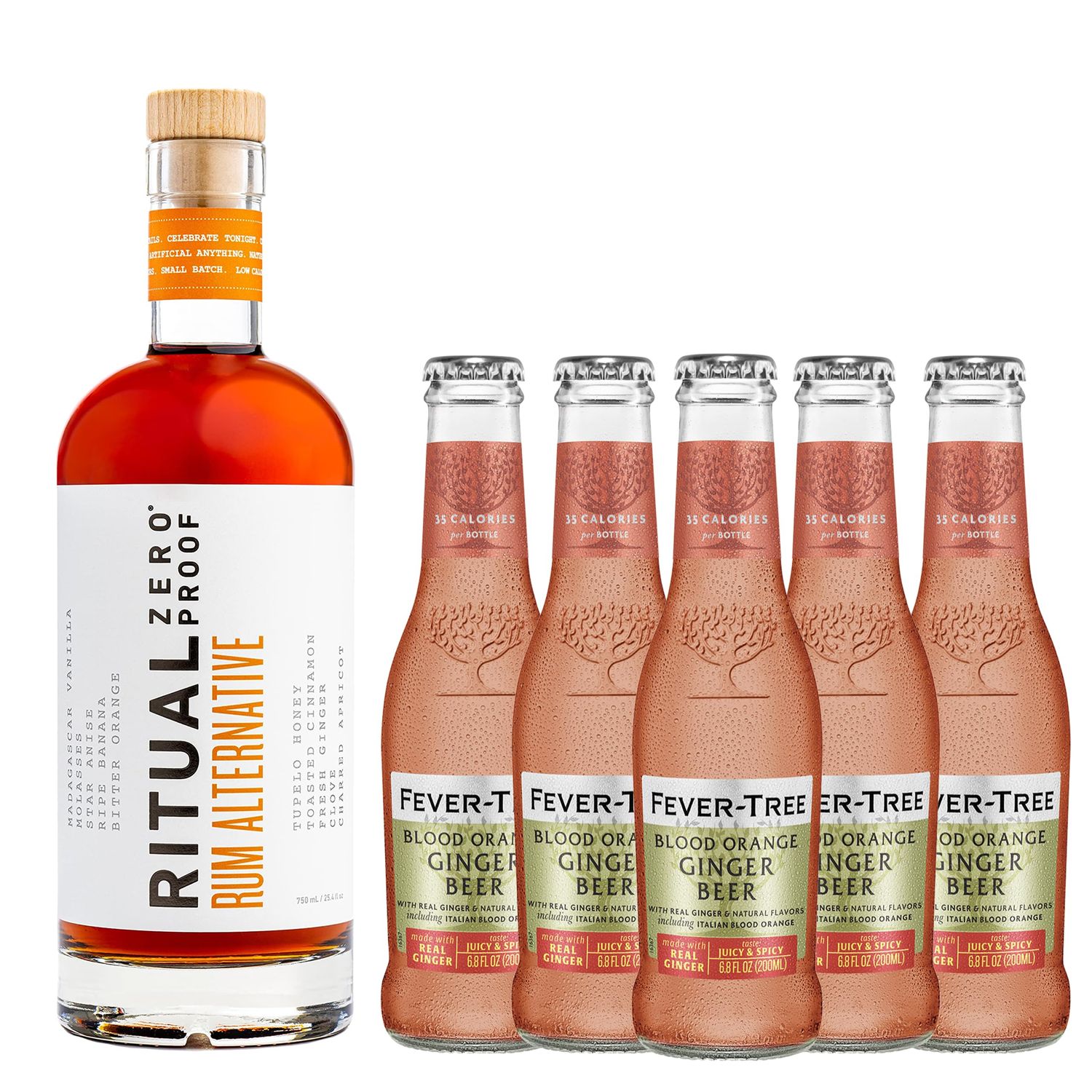 Ritual Zero Non-Alcoholic Rum Alternative with 5 Pack of Fever Tree Blood Orange Ginger Beer for your favorite Alcohol-Free Mixed Drink