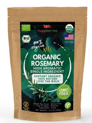Huggiberries Organic Rosemary Leaves - Intense Aromatic Spice for Meat, Vegetables, Soup - USDA Organic, GMO &amp; Gluten Free, Vegan - Supports Natural Immunity and Wellness with Delicious - (3.5 OZ)