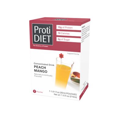ProtiDIET Peach Mango Concentrated High Protein Drinks - Fat Free, Low Sugar Nutritional Drinks - Easy-to-Mix On-the-Go Concentrated Protein Juice - 7 Packets Per Box