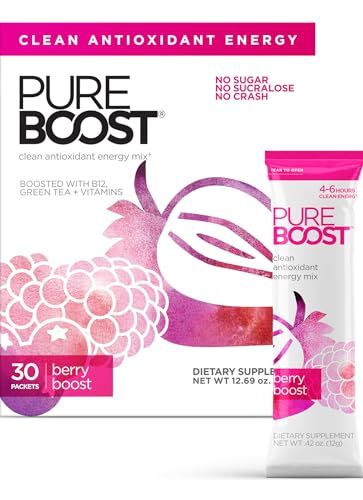 Pureboost Clean Energy Booster, Refreshing Energy Drink Mix with B12 Vitamins, Electrolytes, Antioxidants, Sugar-Free Energy with No Sucralose (Berry Boost, 30 Count)