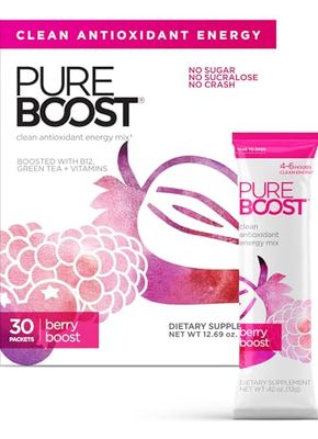 Pureboost Clean Energy Booster, Refreshing Energy Drink Mix with B12 Vitamins, Electrolytes, Antioxidants, Sugar-Free Energy with No Sucralose (Berry Boost, 30 Count)