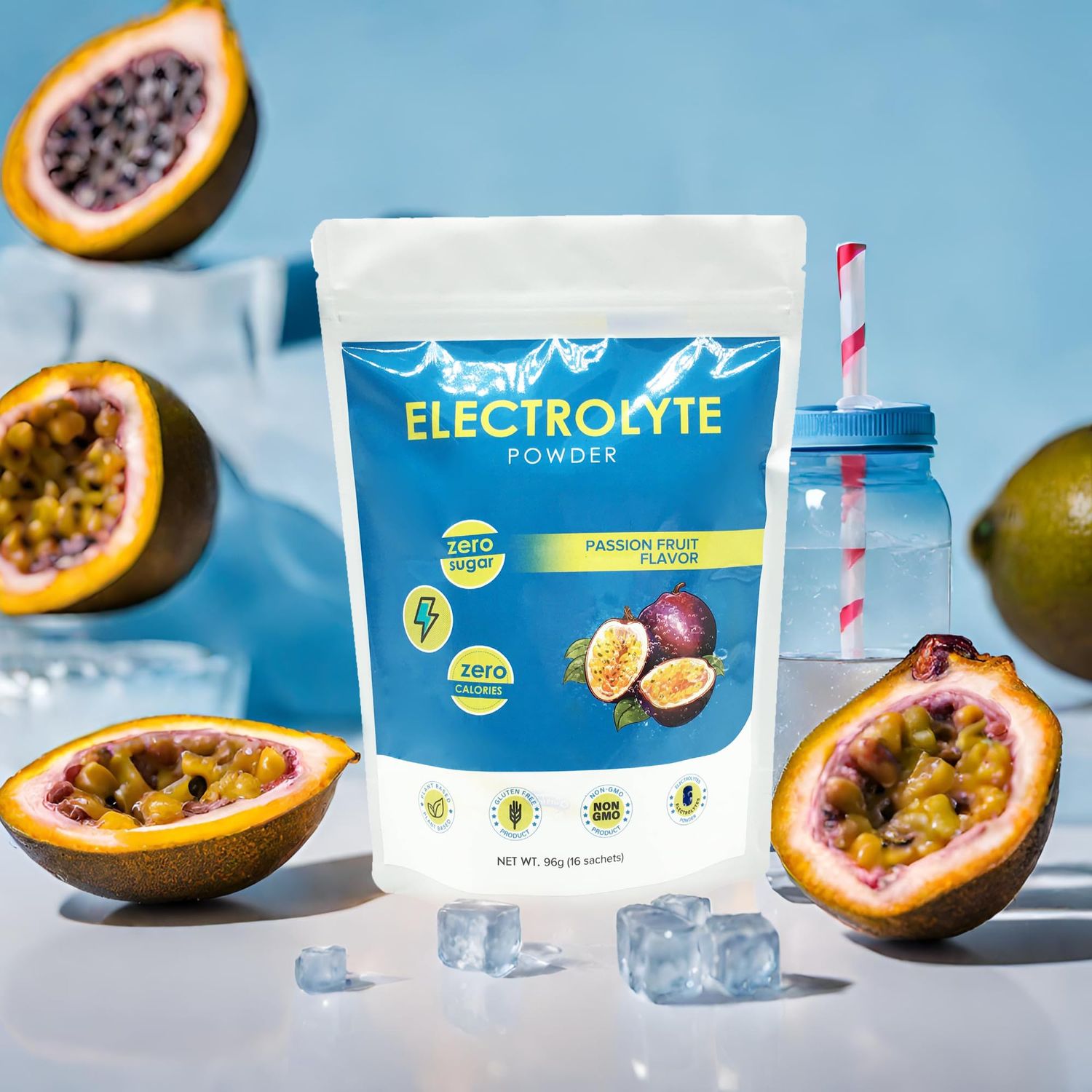 Electrolyte Powder Drink-Natural Passion Fruit Flavor-Hydration Powder Packets|Easy Open Single Serving Sticks|Non-GMO|Free of Soy, Dairy, Gluten, Tree nut |16 Sticks, 6 Grams Each
