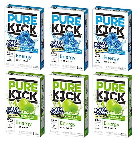 Pure Kick Singles To Go, Jolly Rancher Energy Drink Mix, Variety Pack, 3 Boxes Blue Raspberry 3 Boxes Green Apple (36 Single Servings)