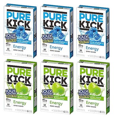 Pure Kick Singles To Go, Jolly Rancher Energy Drink Mix, Variety Pack, 3 Boxes Blue Raspberry 3 Boxes Green Apple (36 Single Servings)