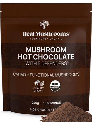 Real Mushrooms Organic Hot Chocolate Mix with 5 Defenders (Turkey Tail, Chaga, Maitake, Shiitake, &amp; Reishi Mushroom) - Organic Cacao Powder - Vegan Mushroom Supplement, Gluten-Free, 15 Servings