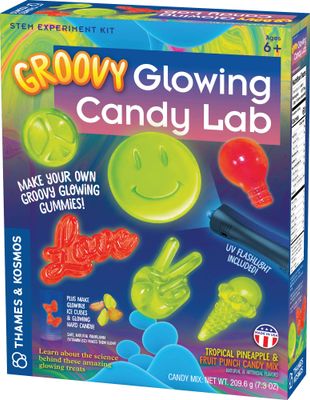 Thames &amp; Kosmos Groovy Glowing Candy Lab STEM Kit | Make Glow-in-the-Dark Candies, Ice Cubes | Explore Luminescence &amp; Chemistry of Gummies | Cool Shapes, Flavors, Safe to Eat | Includes LED Flashlight