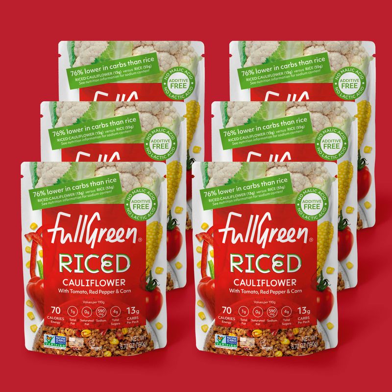 Fullgreen Riced Cauliflower with Tomato, Red Pepper &amp; Corn, non-gmo, no preservatives, shelf-stable, Keto sides, exclusive keto take home case of 6