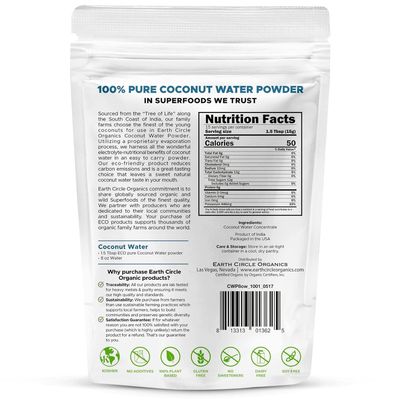 Earth Circle Organics Pure Coconut Water Powder | Hydration | Energy and Electrolyte Supplement | No Additives or Added Sugar | Vegan | Gluten Free - 8oz